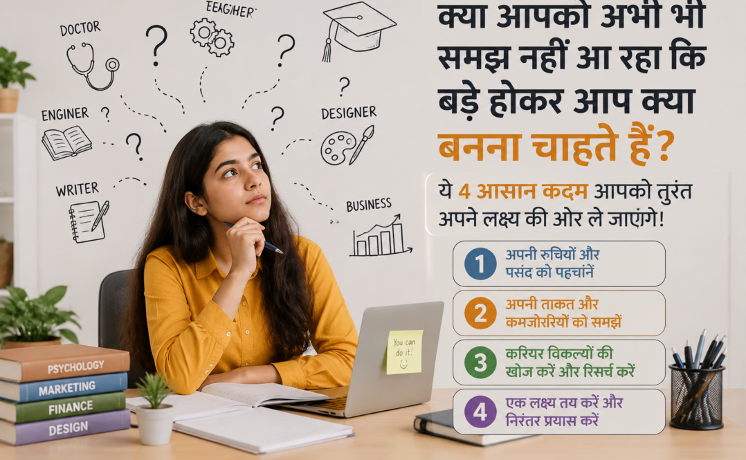 क्या आपको अभी भी समझ नहीं आ रहा कि बड़े होकर आप क्या बनना चाहते हैं? ये 4 आसान कदम [4 excellent and powerful ways]आपको तुरंत अपने लक्ष्य की ओर ले जाएंगे!